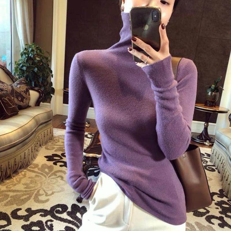Taro Purple Turtleneck Slim Wool Knit Sweater Women Fall Winter Pullover