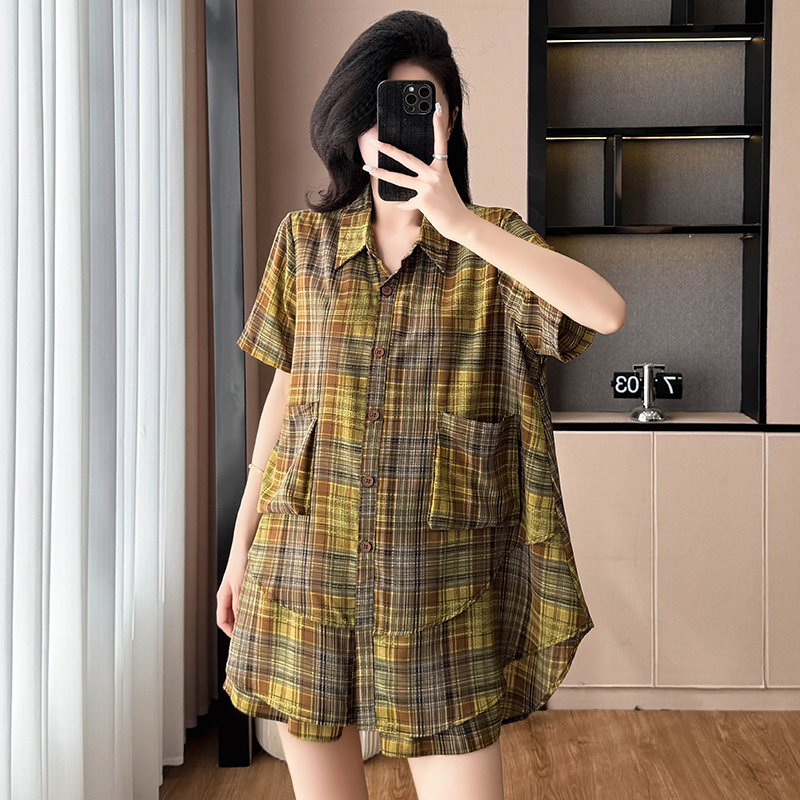 Women's Summer Two-Piece Short Sleeve Top and Shorts Set Plus Size