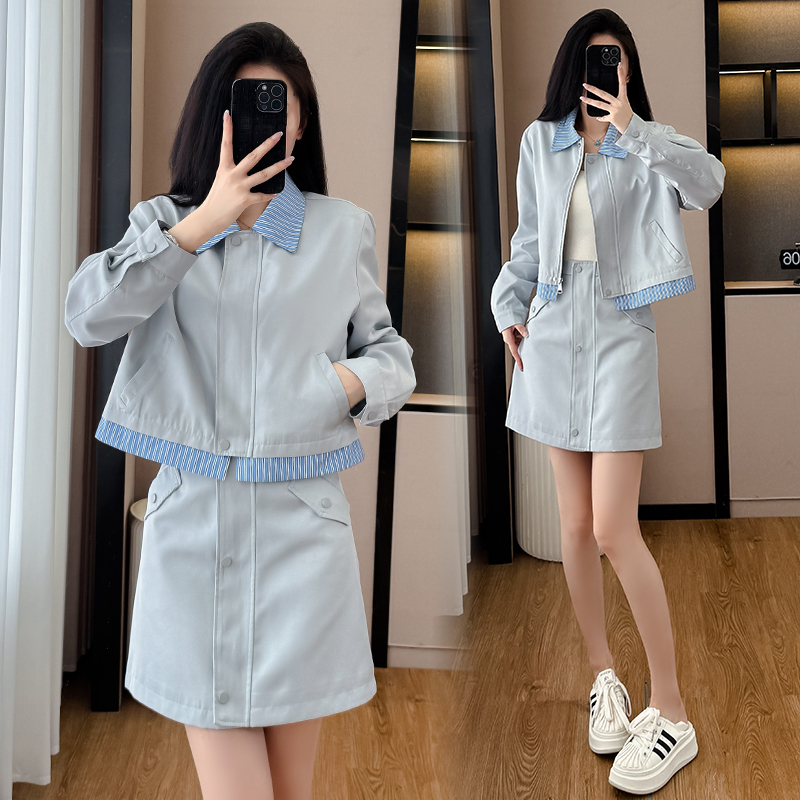 Light Blue Preppy Two-Piece Skirt Set Korean Style Slimming - Style ae22a1