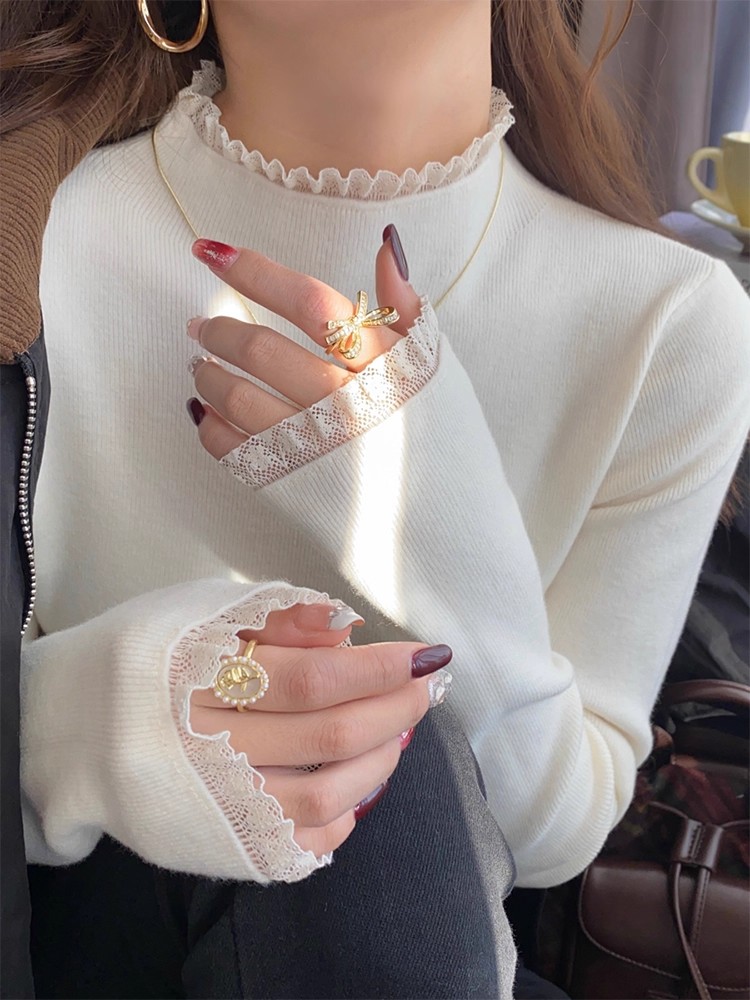 Women's Lace Half Turtleneck Knit Top 2026 Fall Slim Fit Long Sleeve Base Layer - Image 3