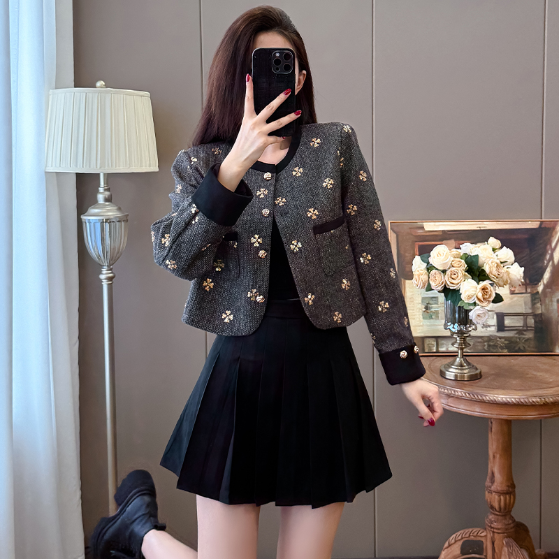 Women's Two-Piece Sequin Round Neck Tweed-Style Jacket and Pleated Skirt Set - Image 3
