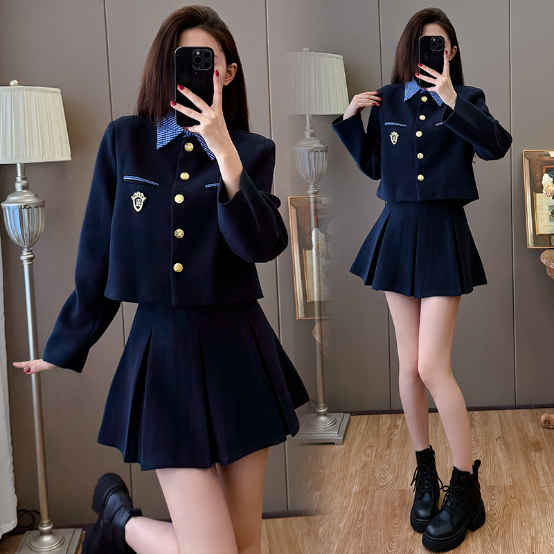 Preppy Plaid Patch Embroidered Short Jacket and Skirt Two-Piece Set