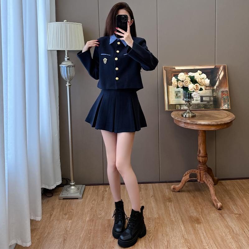 Preppy Plaid Patch Embroidered Short Jacket and Skirt Two-Piece Set - Image 4