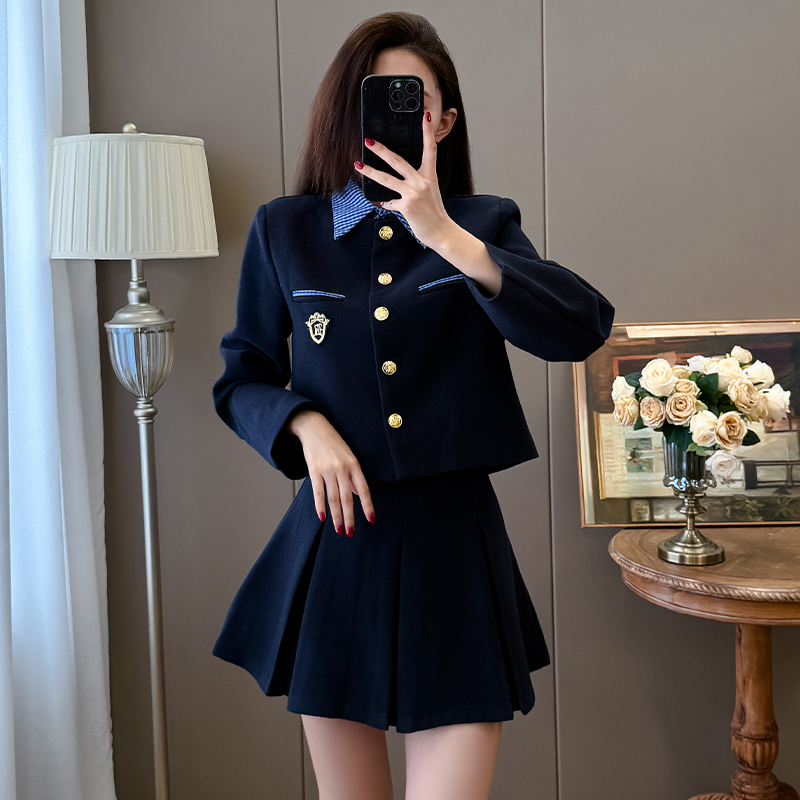Preppy Plaid Patch Embroidered Short Jacket and Skirt Two-Piece Set - Image 2