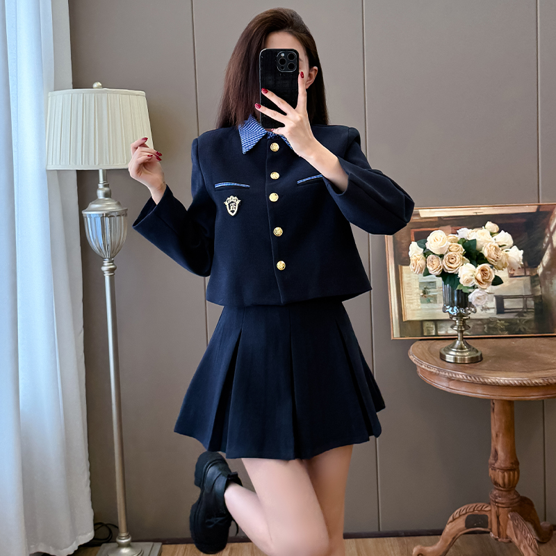 Preppy Plaid Patch Embroidered Short Jacket and Skirt Two-Piece Set - Image 3