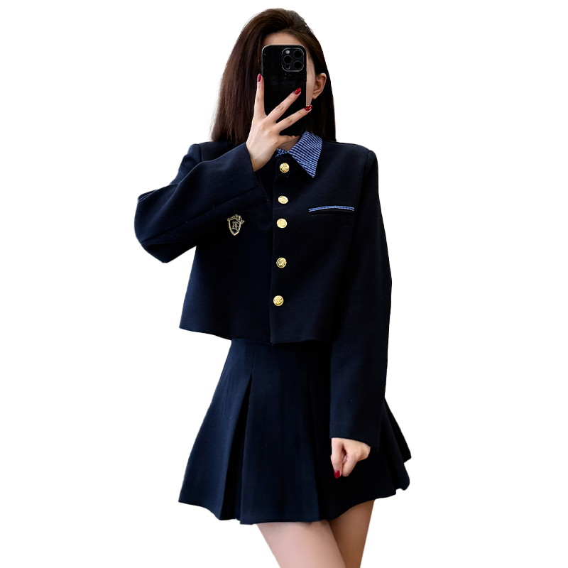 Preppy Plaid Patch Embroidered Short Jacket and Skirt Two-Piece Set - Image 5