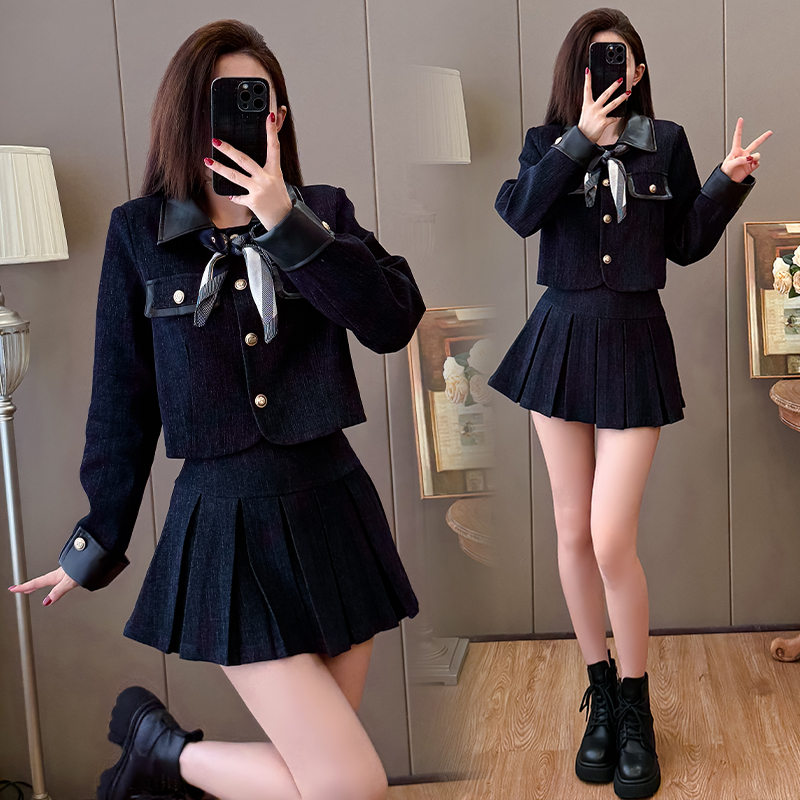 Preppy Style Patchwork Faux Leather Jacket and Pleated Skirt Set with Scarf