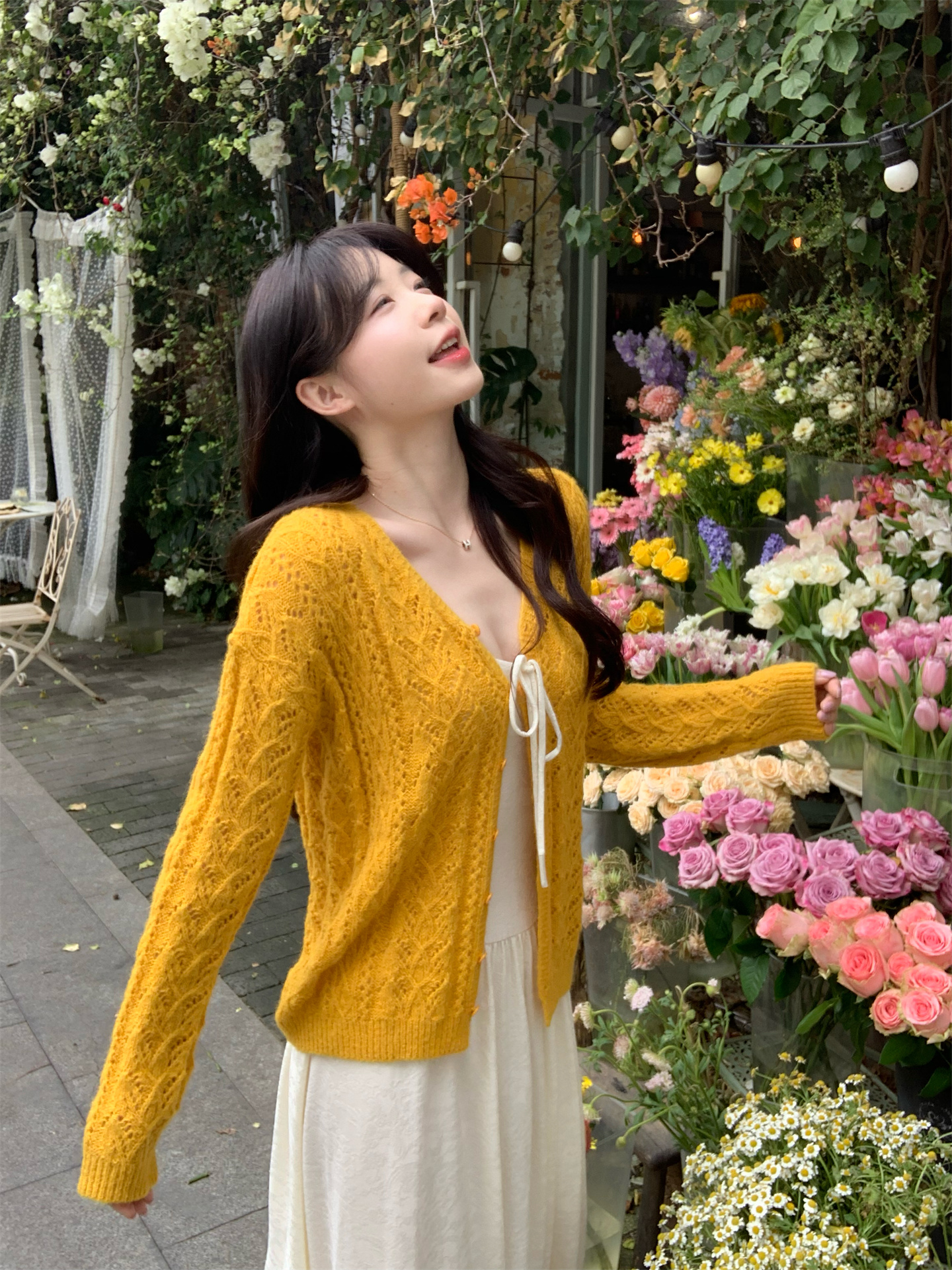Sweet Retro Jacquard Cami Dress and Open Knit Cardigan Two Piece Set - Image 3
