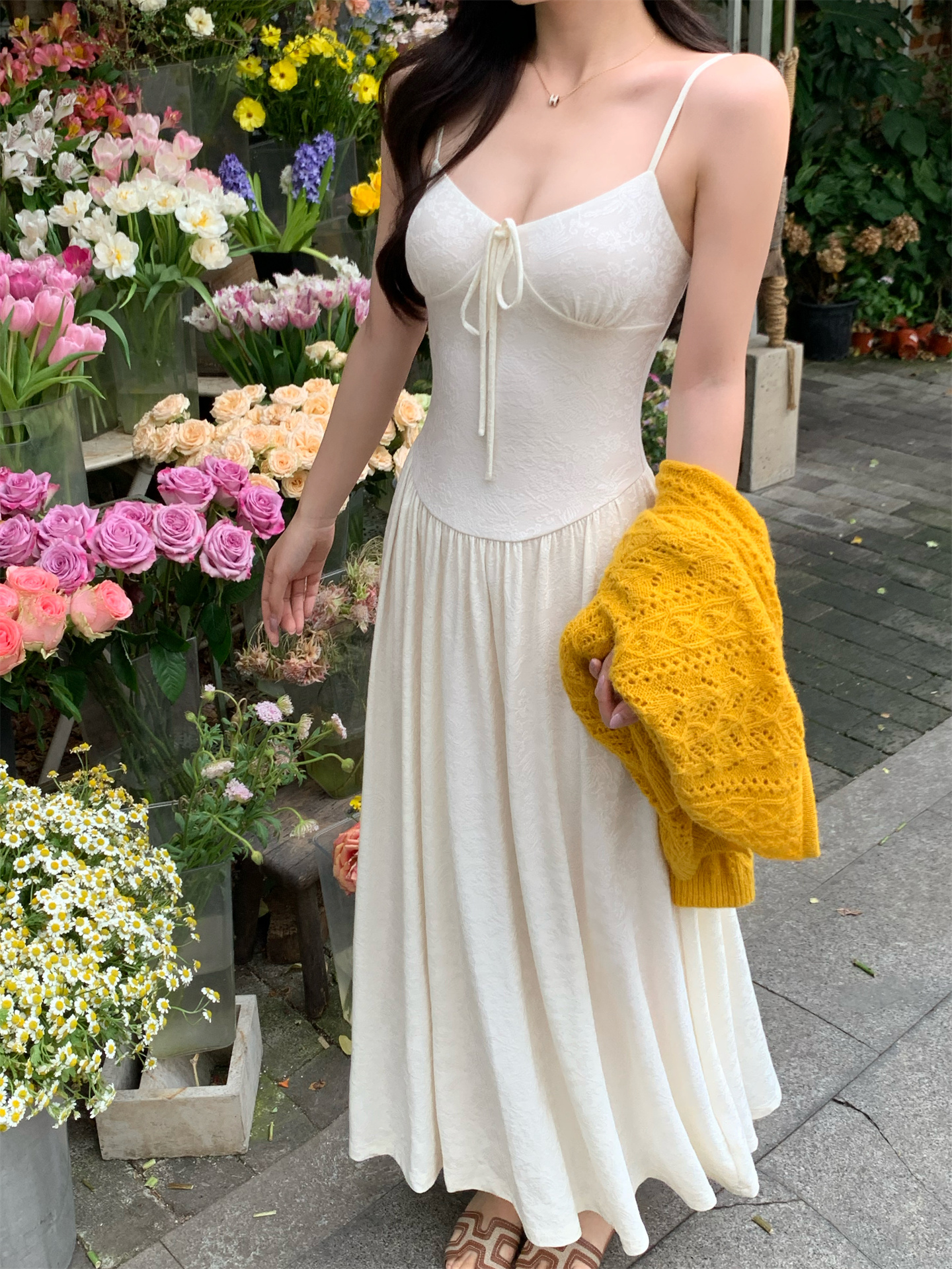 Sweet Retro Jacquard Cami Dress and Open Knit Cardigan Two Piece Set - Image 4