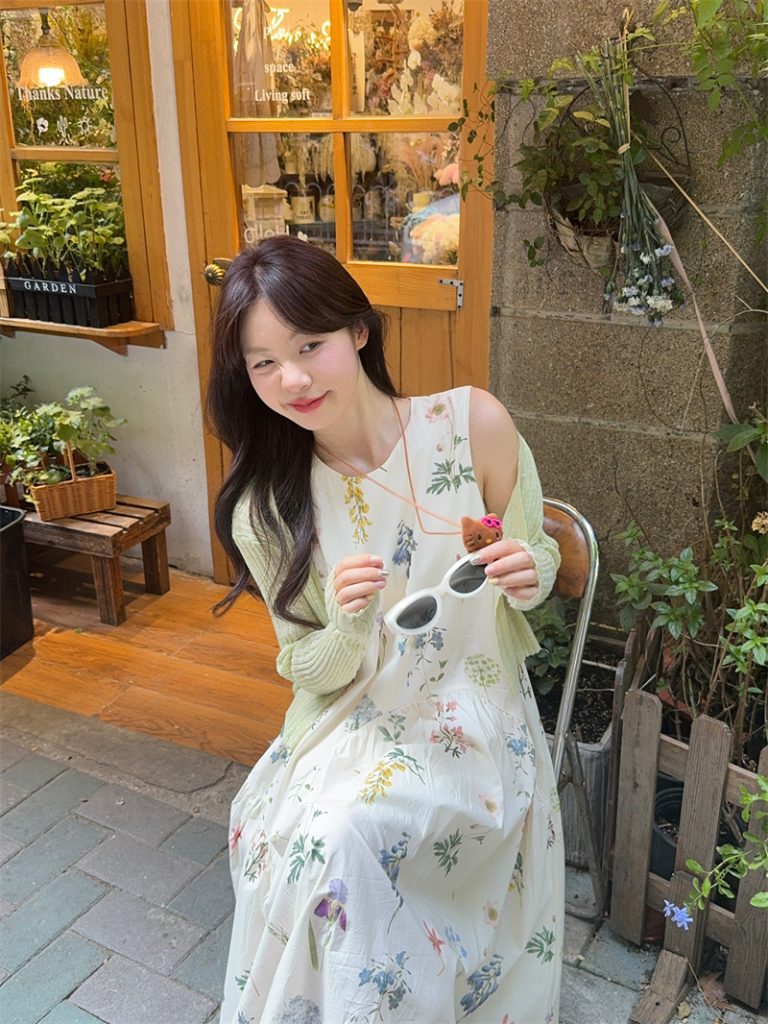 Sweet Sleeveless Floral Tank Dress with Thin Knit Cardigan Two-Piece Set