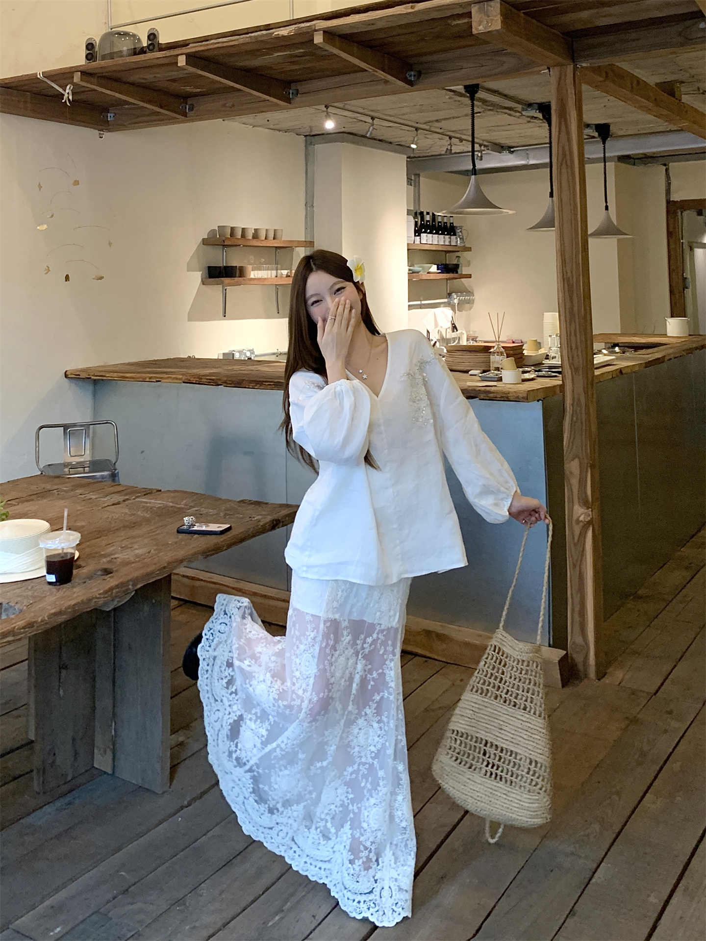 Sweet V-Neck Shirt and Lace Trim Skirt Two-Piece Set - Style 3b0ee4 - Image 3