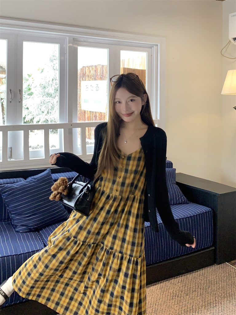 Sweet Plaid Two-Piece Dress Set with Long-Sleeve Knit Cardigan and Cami Dress