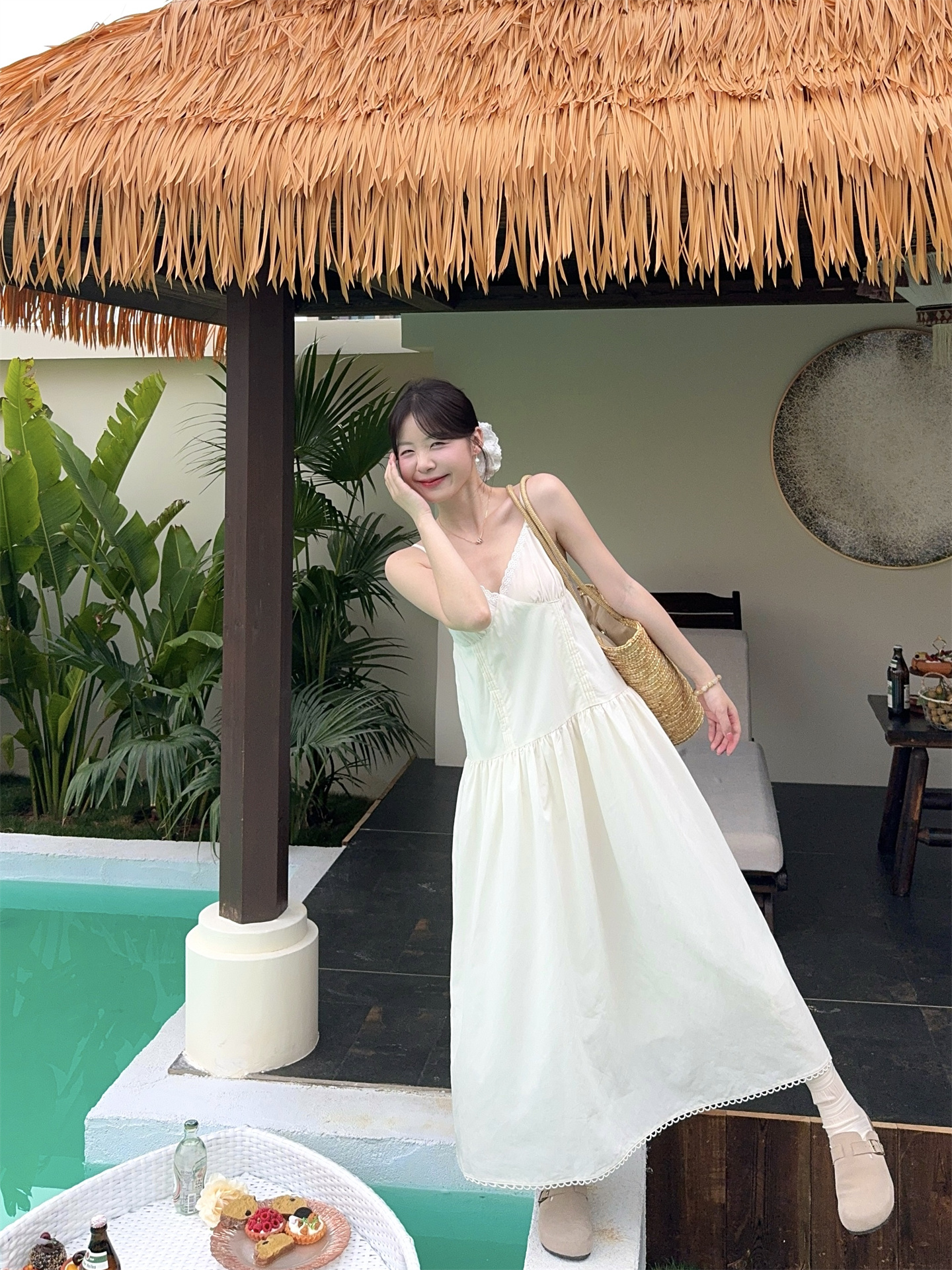 Sweet Vacation White V-Neck Lace Trim Cami Dress