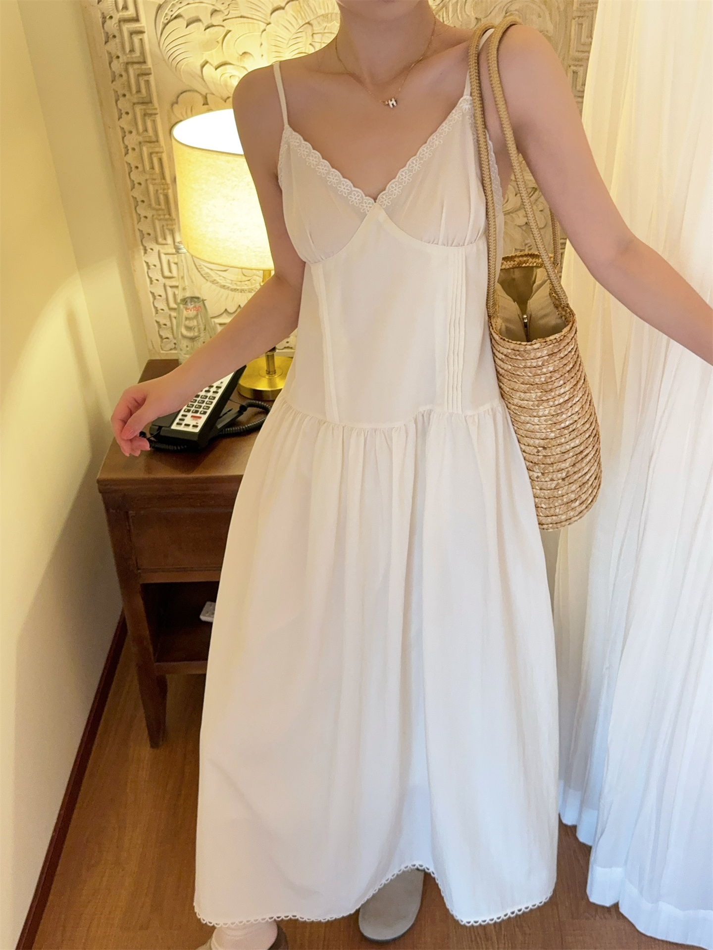 Sweet Vacation White V-Neck Lace Trim Cami Dress - Image 4