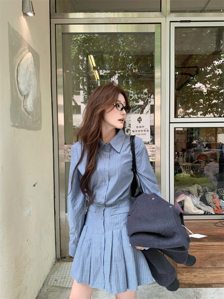 Sweet Retro Vertical Striped Polo Collar Shirt Dress