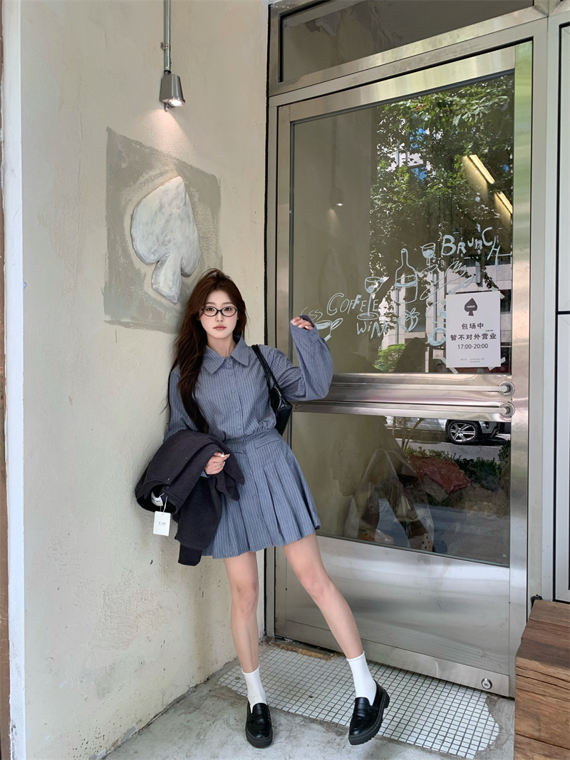 Sweet Retro Vertical Striped Polo Collar Shirt Dress - Image 2