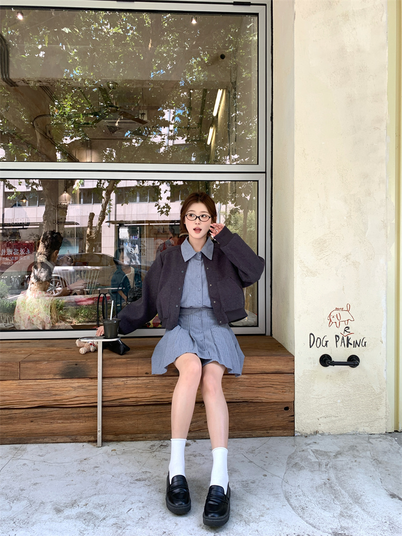 Sweet Retro Vertical Striped Polo Collar Shirt Dress - Image 3