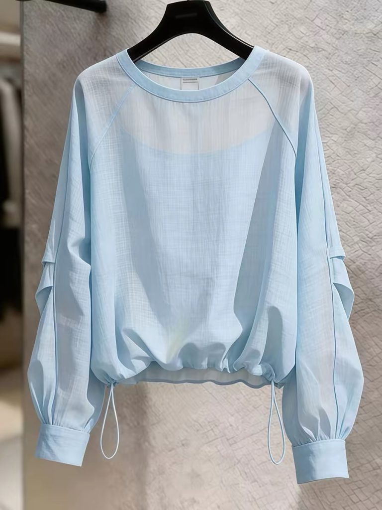 Light Blue Drawstring Long Sleeve Shirt for Women 2026 Summer Loose Fit Top