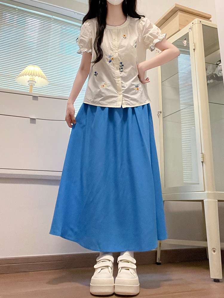 Women's Summer Two-Piece Set Embroidered Short Sleeve Shirt and Tencel Skirt Vacation Outfit - Image 2