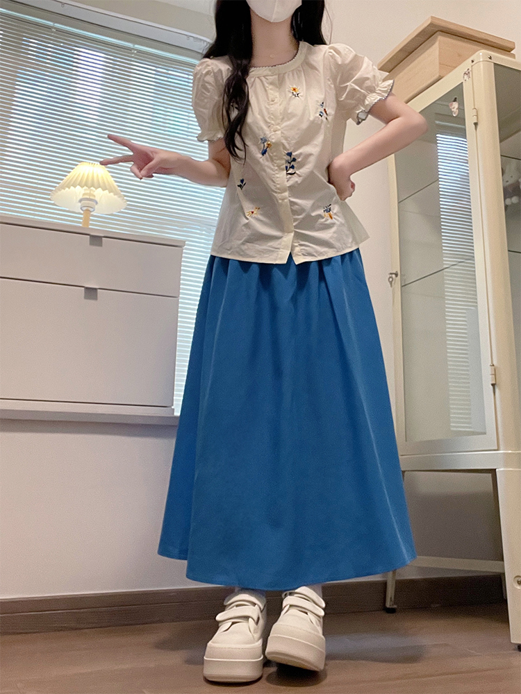 Women's Summer Two-Piece Set Embroidered Short Sleeve Shirt and Tencel Skirt Vacation Outfit