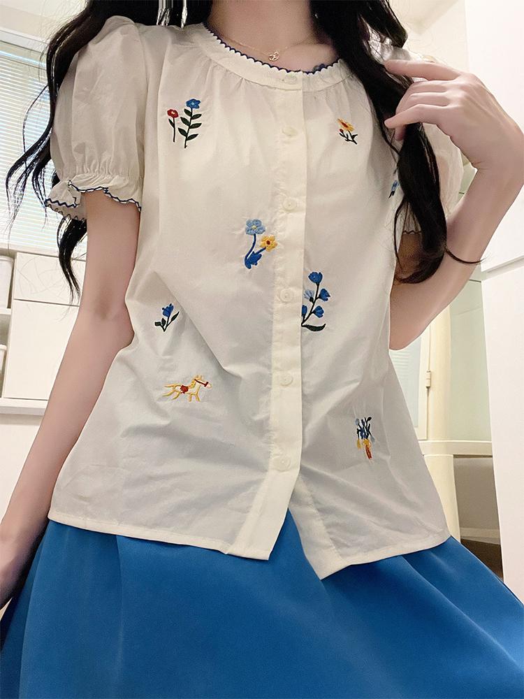 Women's Summer Two-Piece Set Embroidered Short Sleeve Shirt and Tencel Skirt Vacation Outfit - Image 3