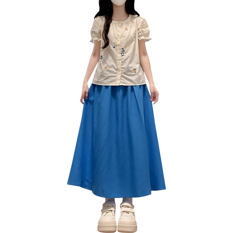 Women's Summer Two-Piece Set Embroidered Short Sleeve Shirt and Tencel Skirt Vacation Outfit - Image 5