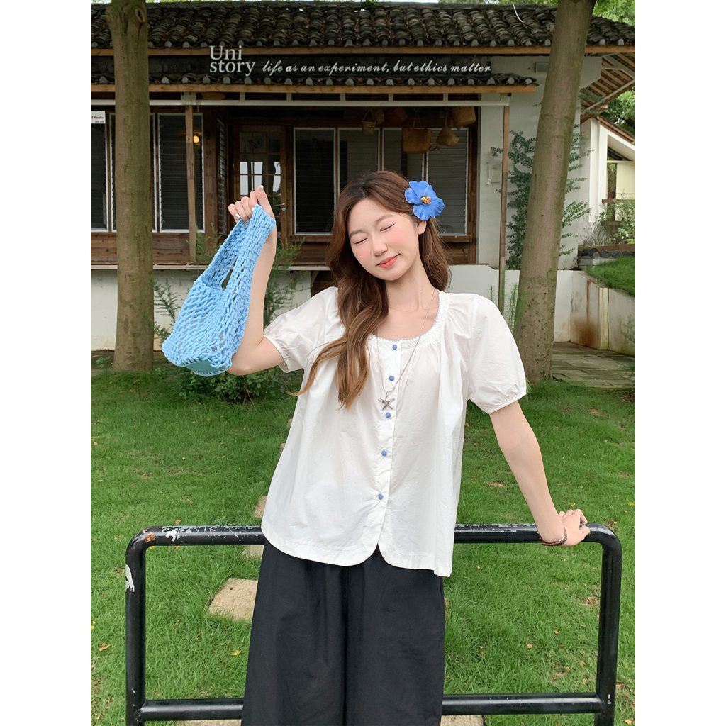 Minimalist Color Block Button Round Neck White Shirt Women Summer Loose Doll Top