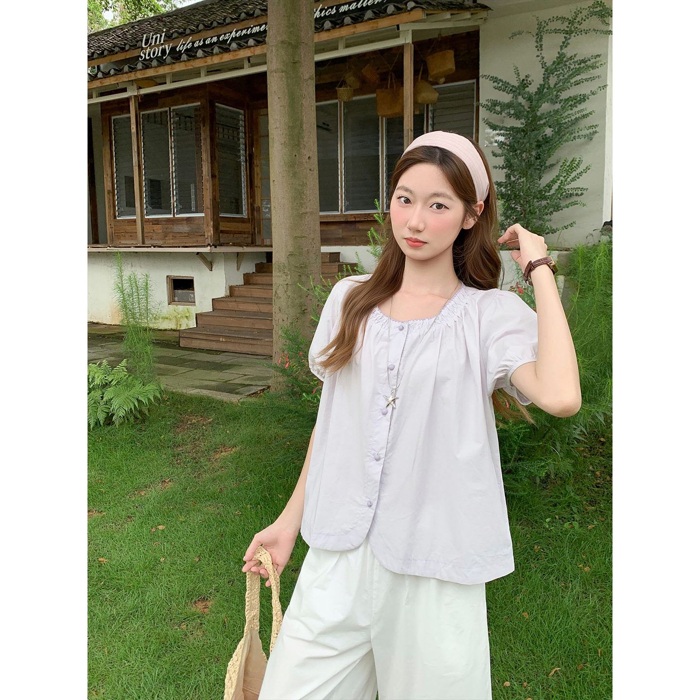 Minimalist Color Block Button Round Neck White Shirt Women Summer Loose Doll Top - Image 4
