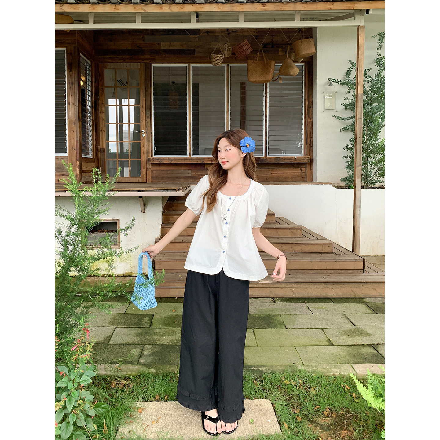 Minimalist Color Block Button Round Neck White Shirt Women Summer Loose Doll Top - Image 5