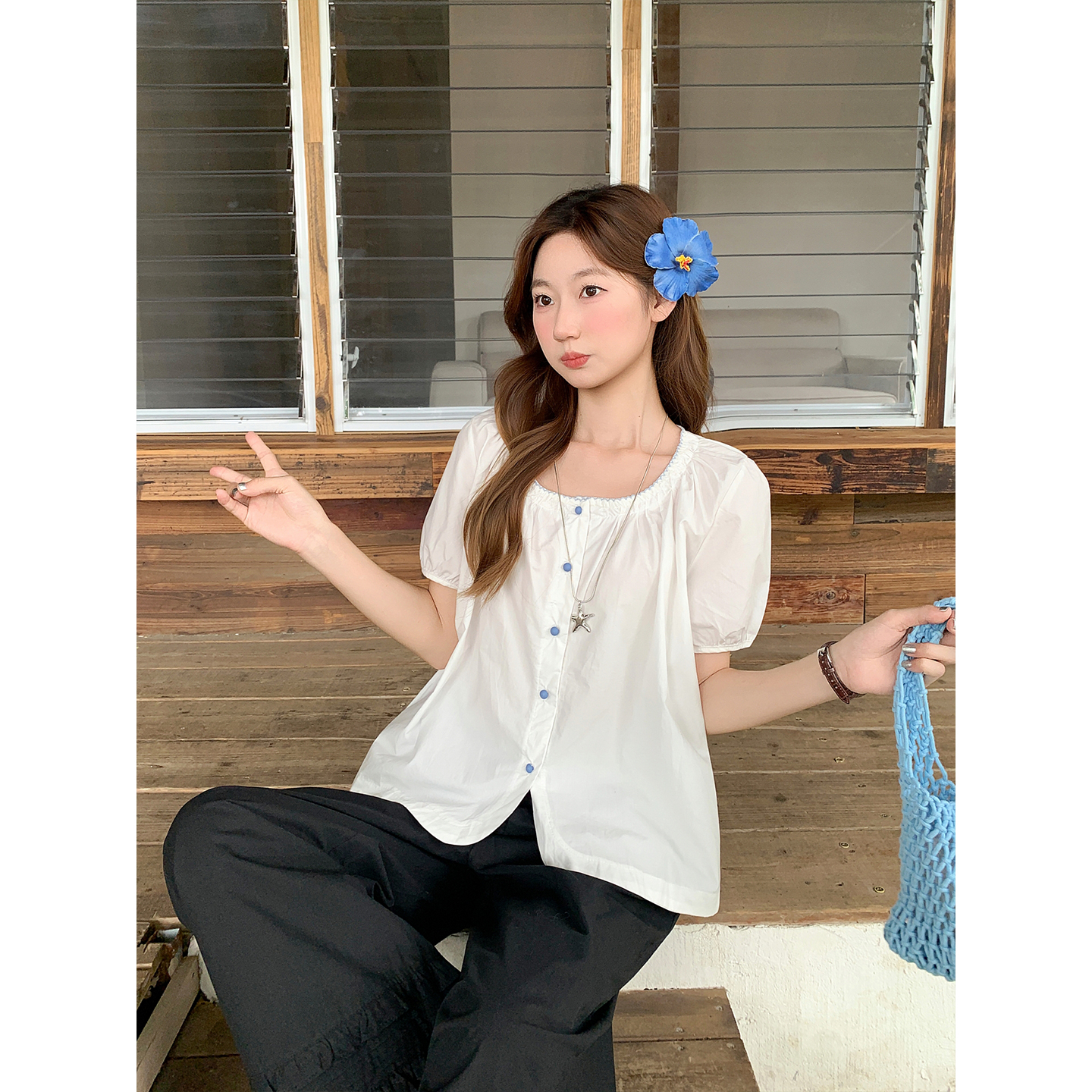 Women's Color Block Trim Round Neck Short Sleeve Doll Shirt Summer Korean Single Breasted Shirt - Image 3