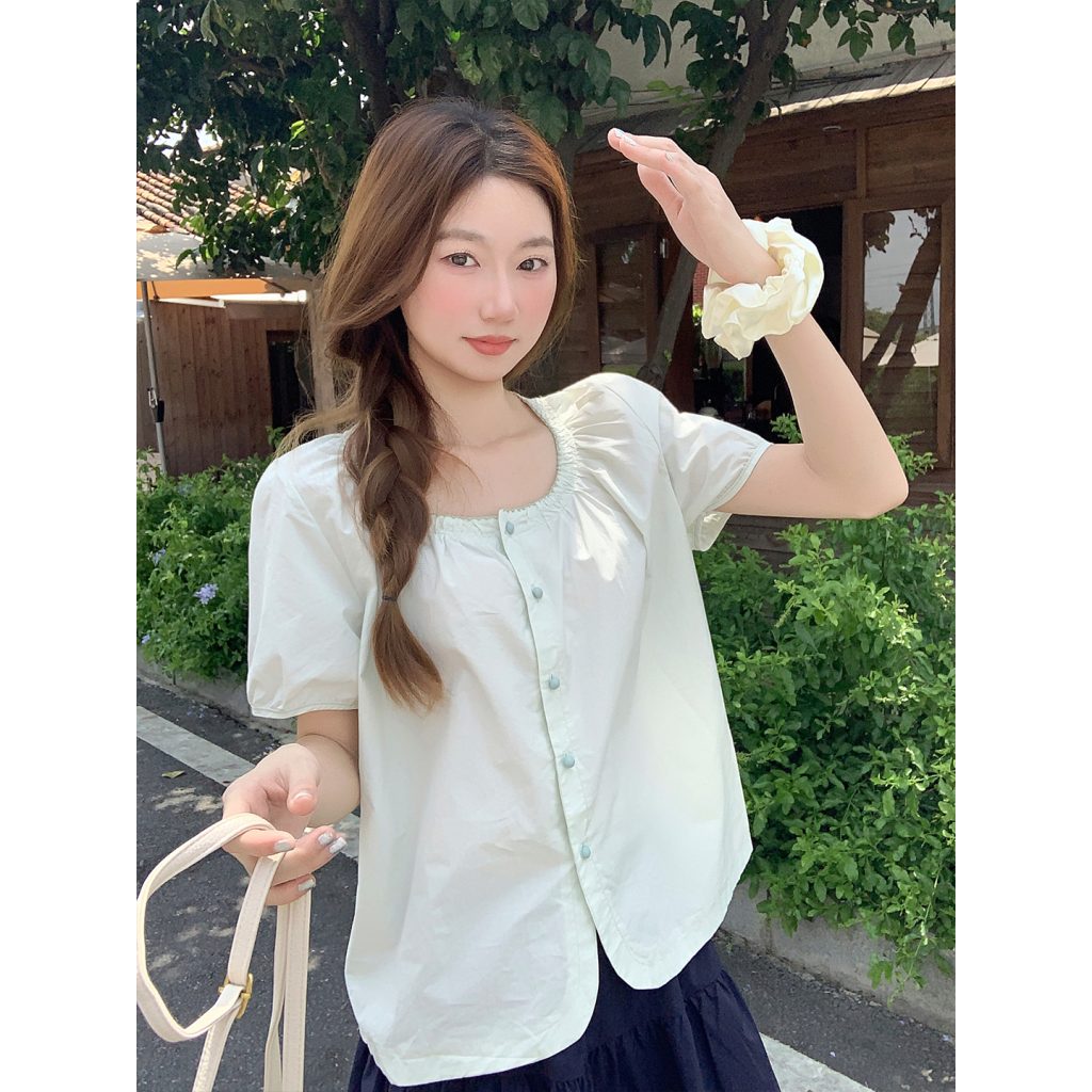 Women's Color Block Trim Round Neck Short Sleeve Doll Shirt Summer Korean Single Breasted Shirt