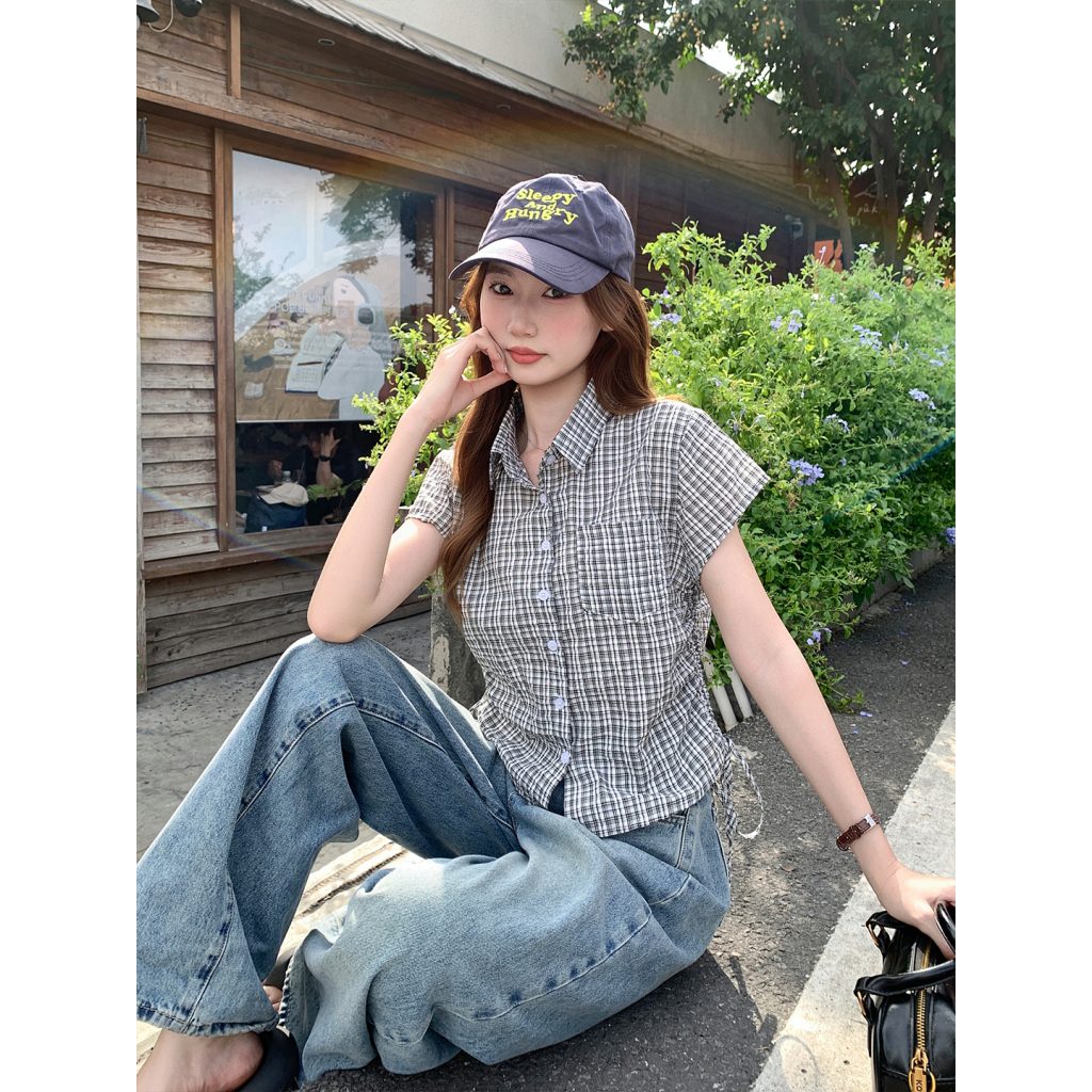 Women's Color Block Plaid Short Sleeve Shirt Summer 2026 Slim Fit Cropped Commuter Top