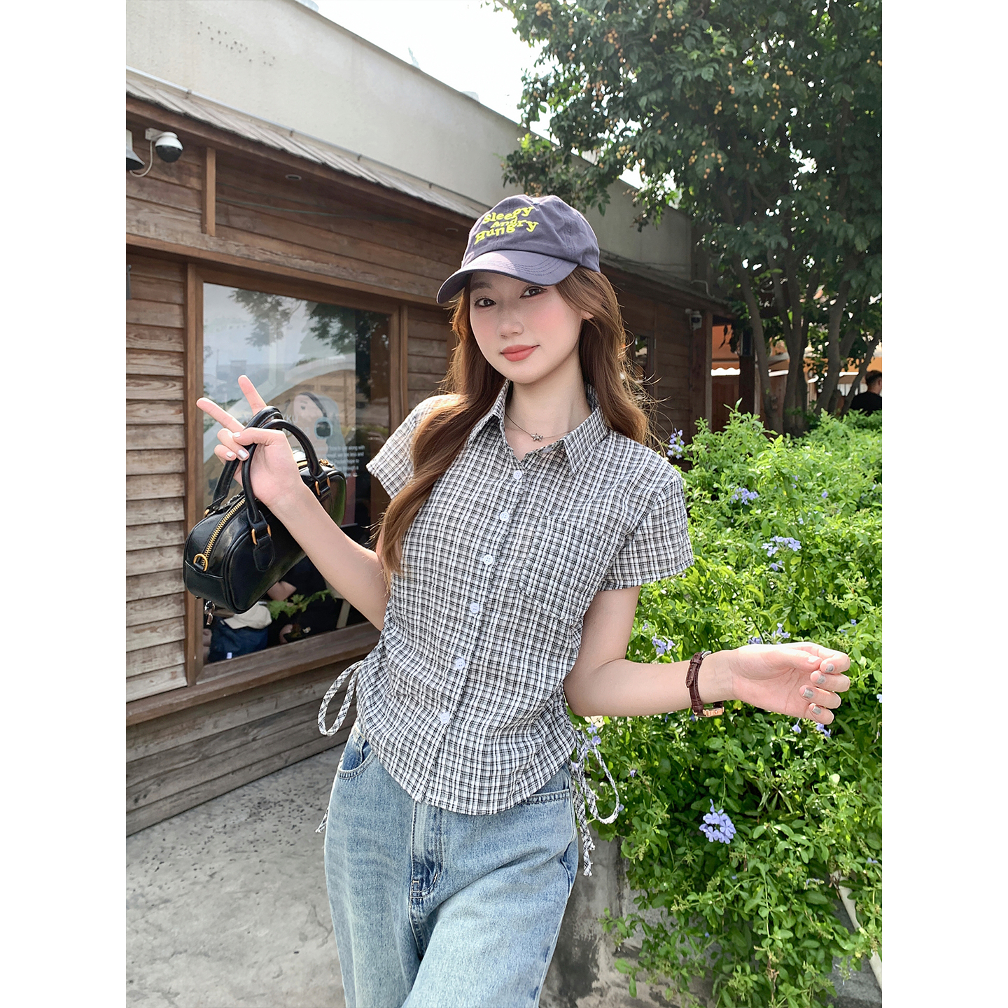 Women's Color Block Plaid Short Sleeve Shirt Summer 2026 Slim Fit Cropped Commuter Top - Image 2
