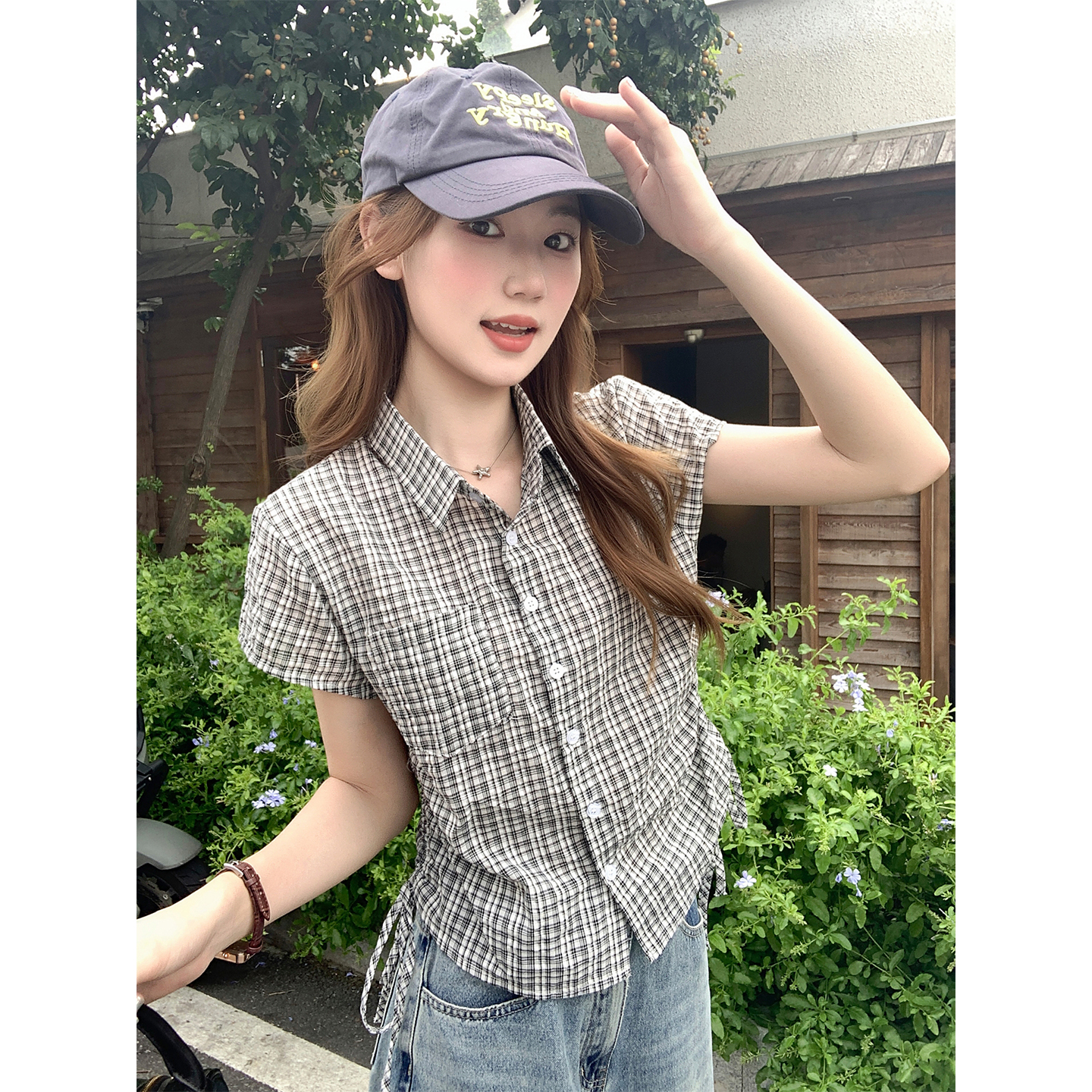 Women's Color Block Plaid Short Sleeve Shirt Summer 2026 Slim Fit Cropped Commuter Top - Image 5