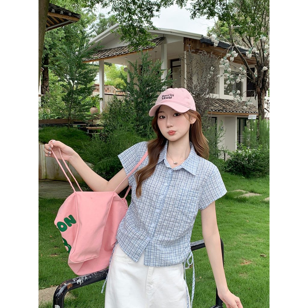 Korean Retro Color Block Plaid Short Sleeve Shirt for Women Summer Side Adjustable Tie Waist Slim Fit Petite Top