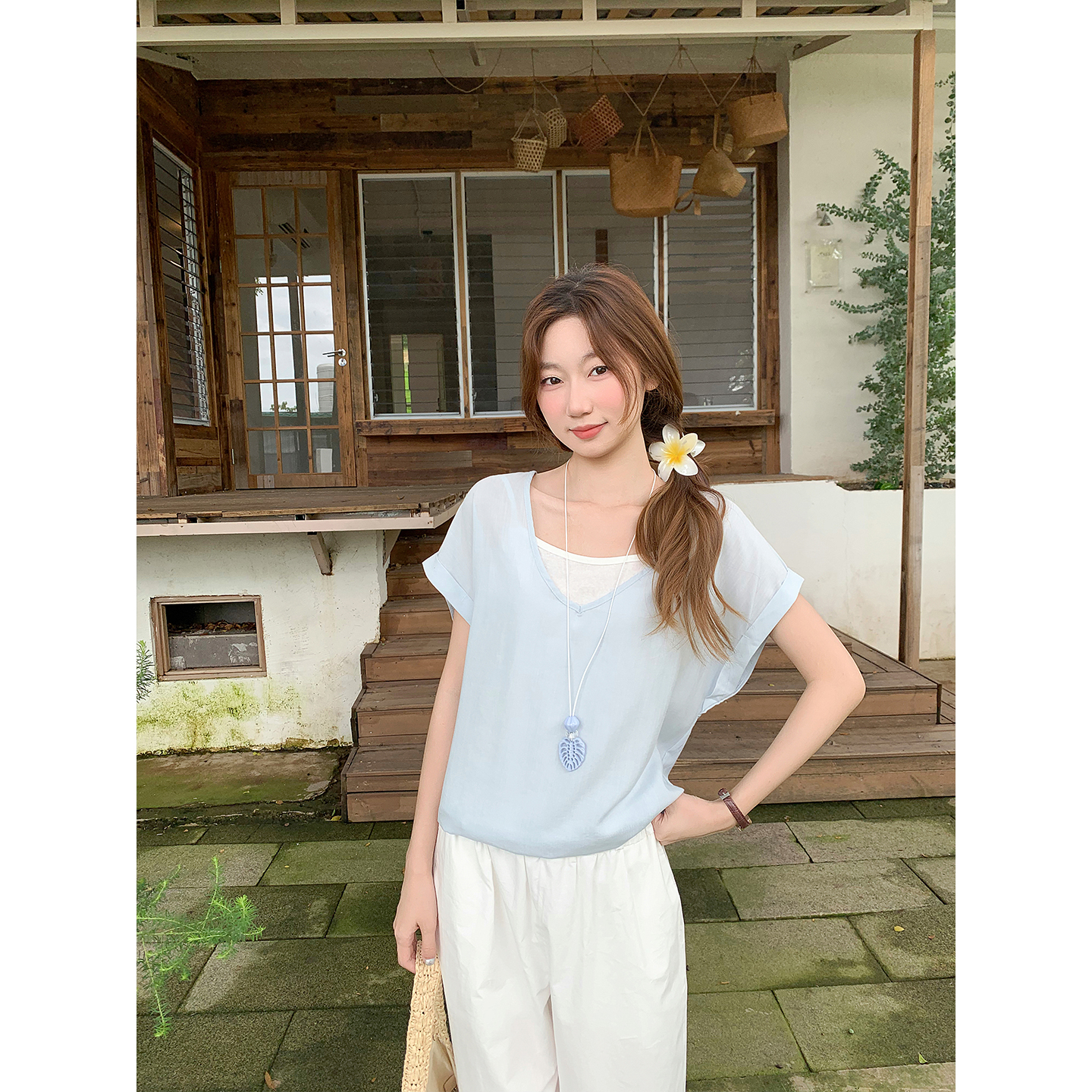Women's Two-Layer Color-Block V-Neck Short-Sleeve Shirt Summer Korean Loose Fit