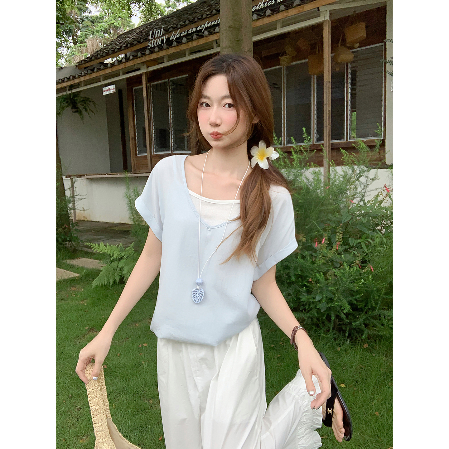 Women's Two-Layer Color-Block V-Neck Short-Sleeve Shirt Summer Korean Loose Fit - Image 5
