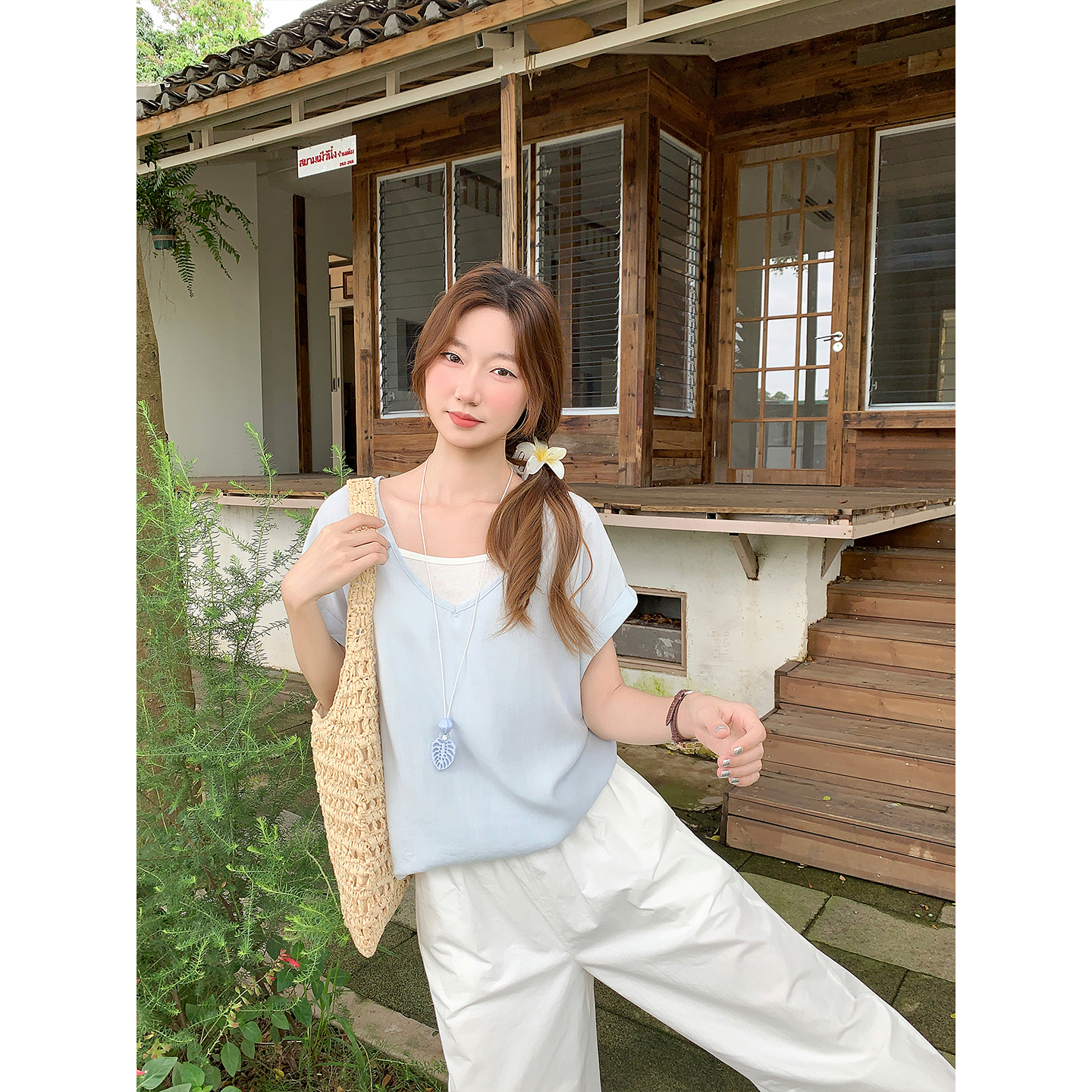 Women's Faux Two-Piece V-Neck Short Sleeve Shirt Summer Korean Loose Color Block Casual Commuter Top - Image 3