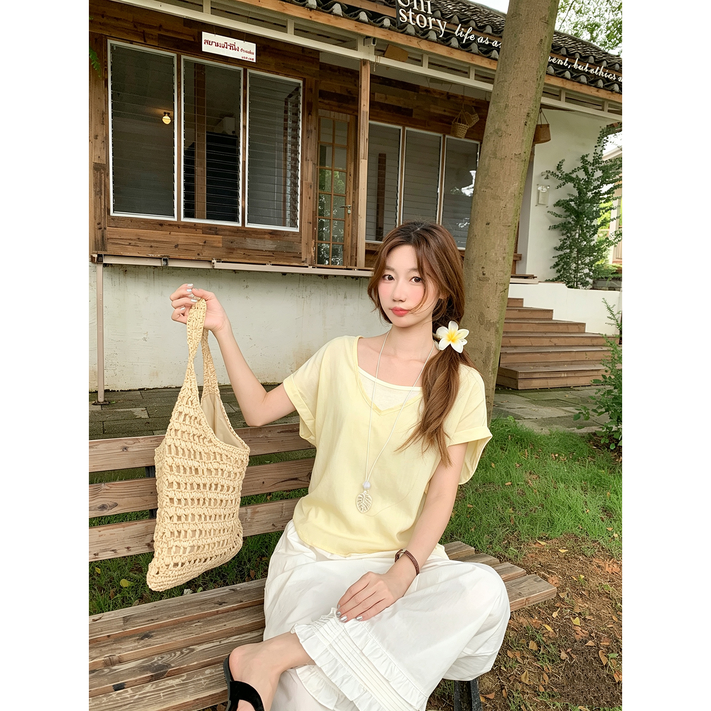 Women's Faux Two-Piece V-Neck Short Sleeve Shirt Summer Korean Loose Color Block Casual Commuter Top - Image 4