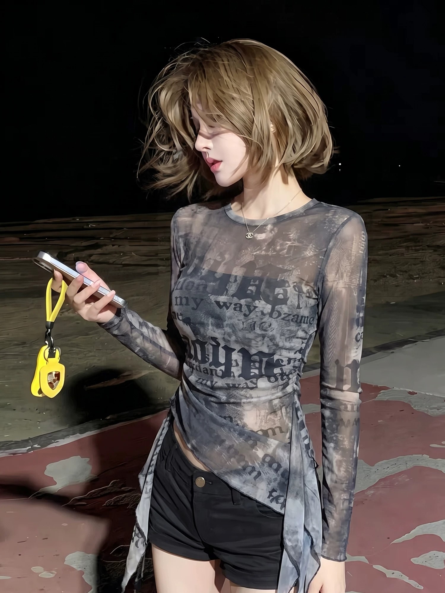 Women's Tie-Dye Mesh Long-Sleeve T-Shirt with Irregular Ruffle and Cinched Waist