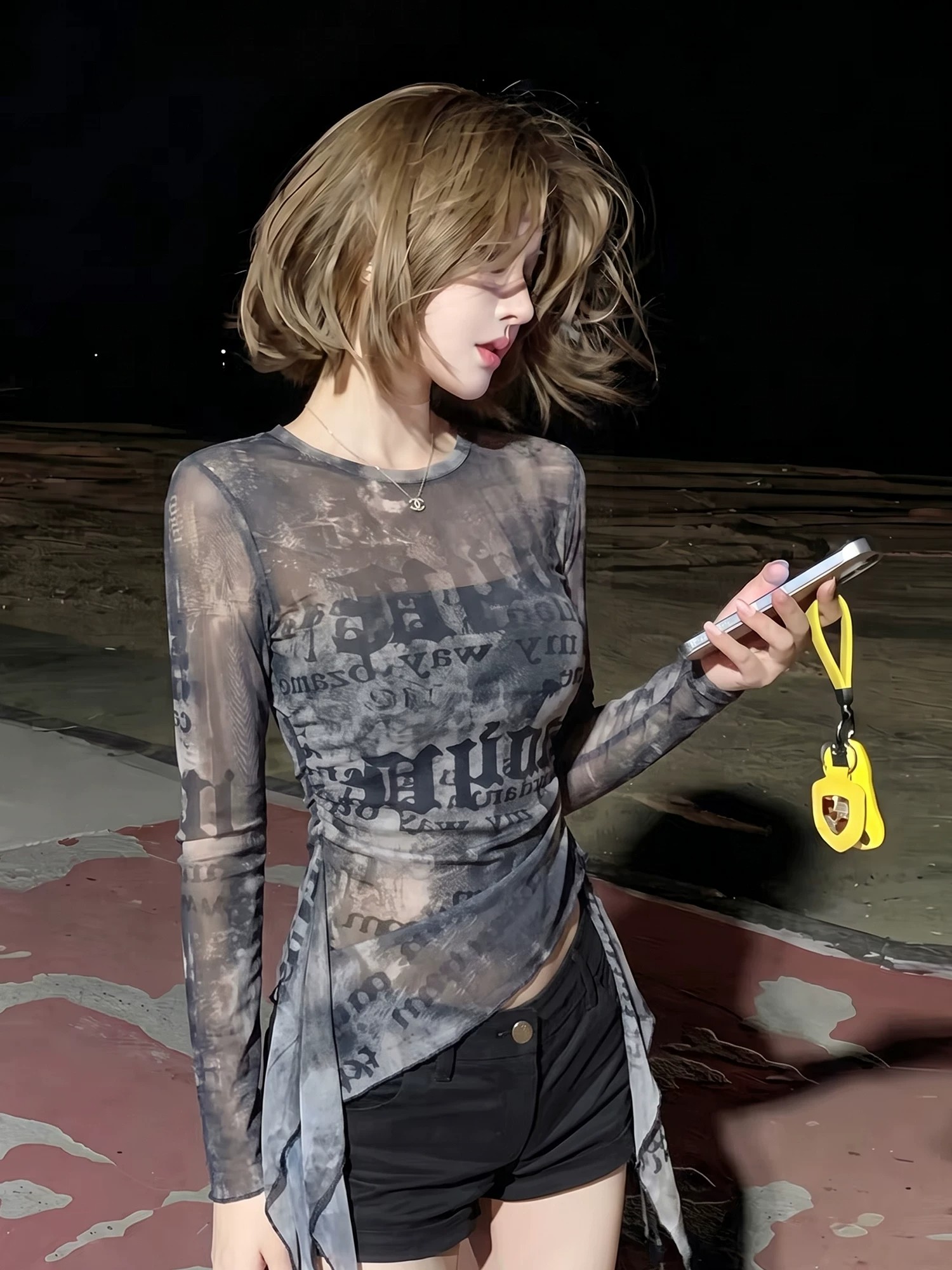 Women's Tie-Dye Mesh Long-Sleeve T-Shirt with Irregular Ruffle and Cinched Waist - Image 3