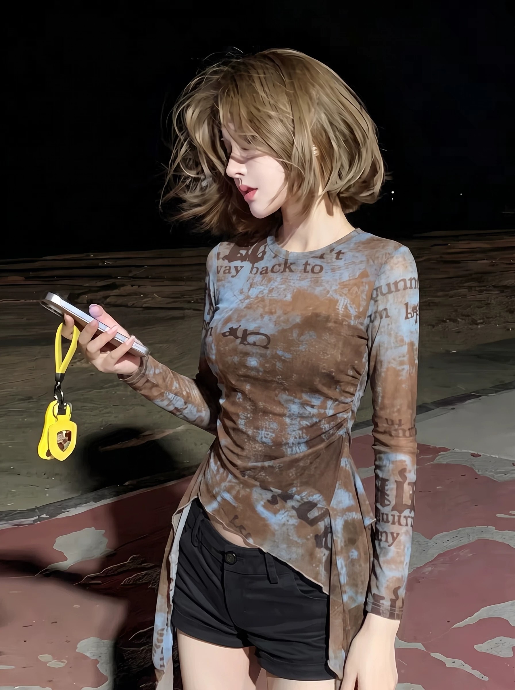 Women's Tie-Dye Mesh Long-Sleeve T-Shirt with Irregular Ruffle and Cinched Waist - Image 4