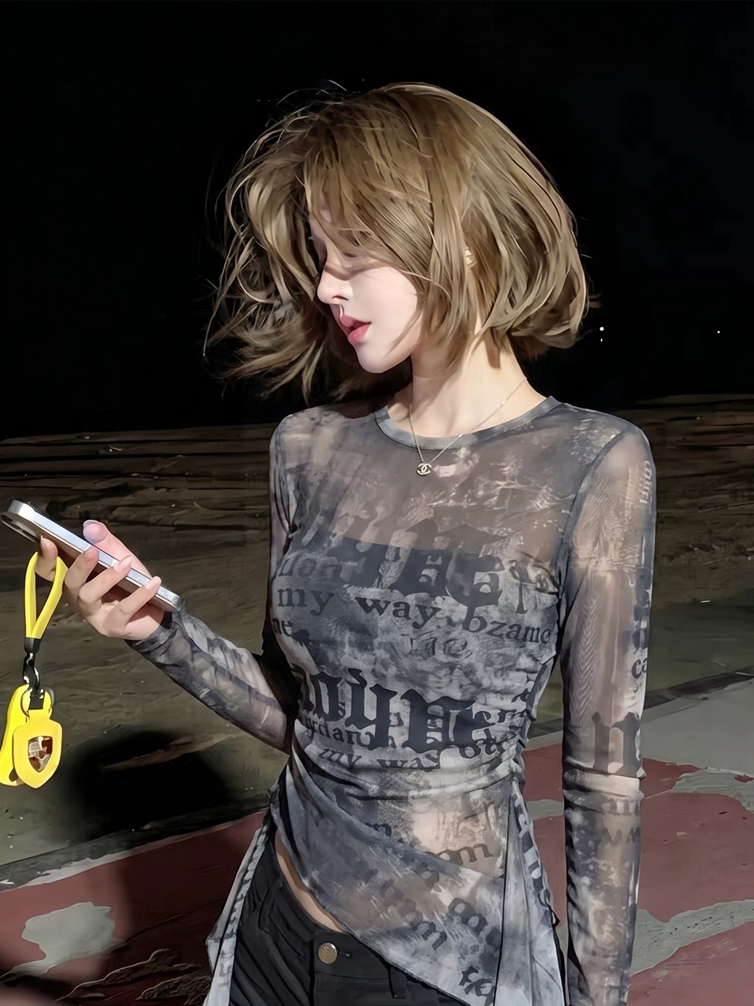 Women's Tie-Dye Mesh Long-Sleeve T-Shirt with Irregular Ruffle and Cinched Waist - Image 2