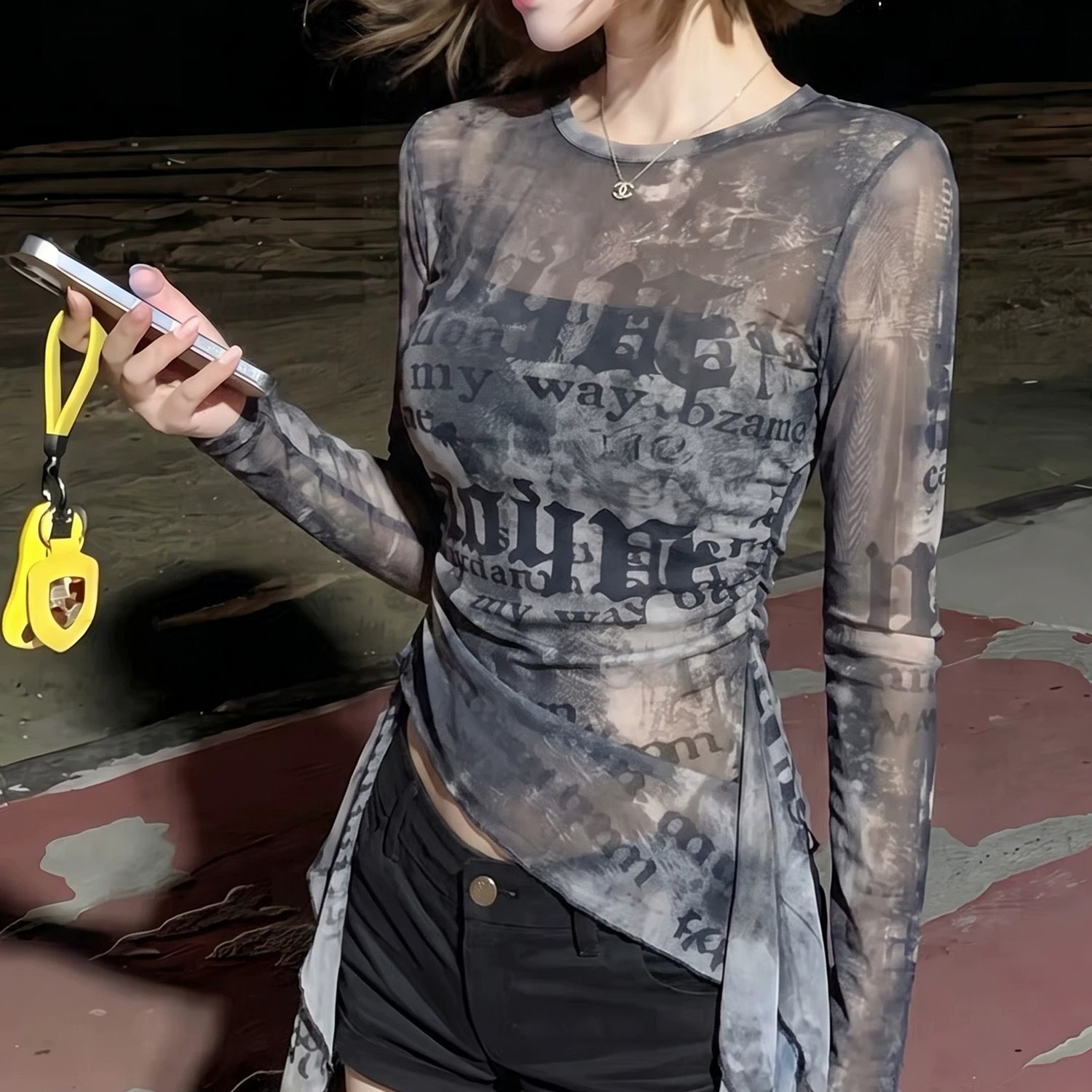 Women's Tie-Dye Mesh Long-Sleeve T-Shirt with Irregular Ruffle and Cinched Waist - Image 5