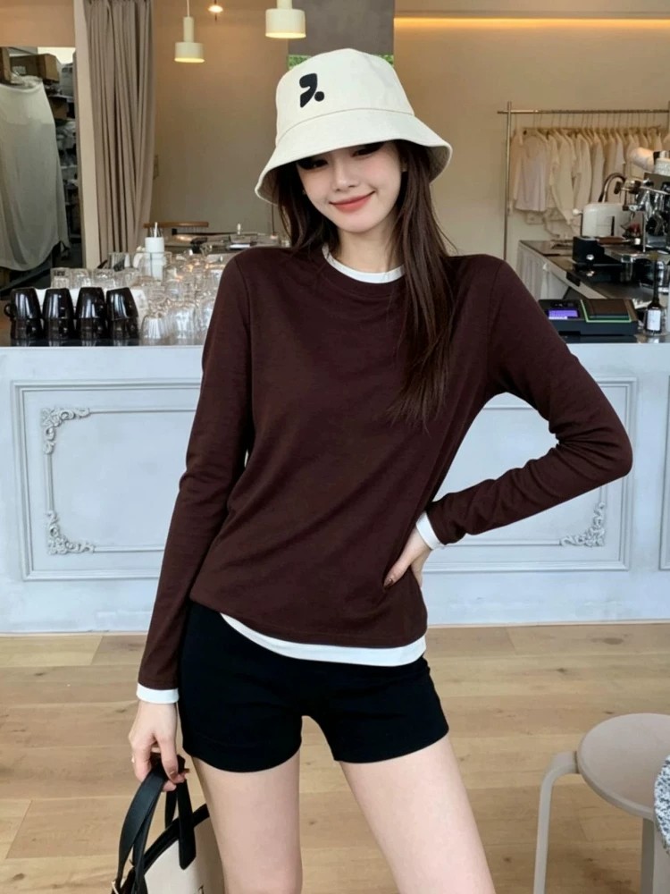 Women's Faux Two-Piece Knit Top Long Sleeve Fall Layering Shirt