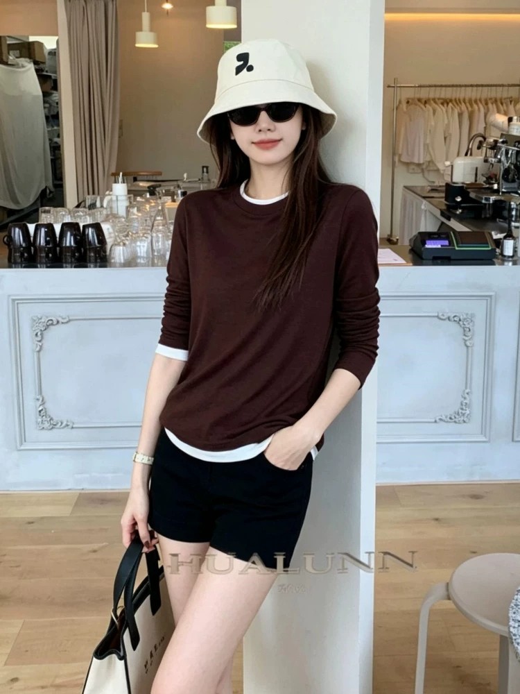 Women's Faux Two-Piece Knit Top Long Sleeve Fall Layering Shirt - Image 2