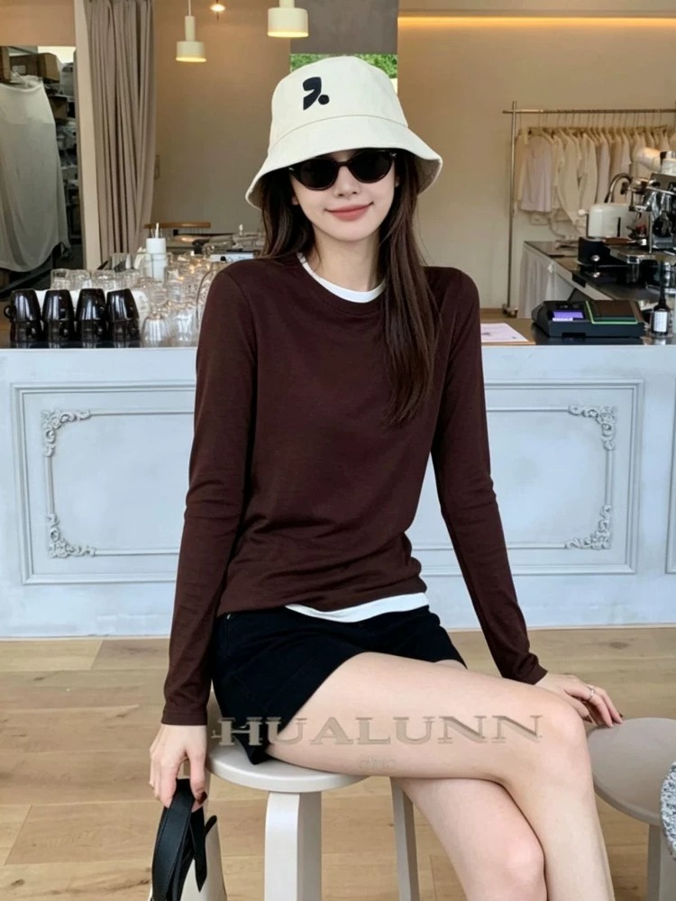 Women's Faux Two-Piece Knit Top Long Sleeve Fall Layering Shirt - Image 4