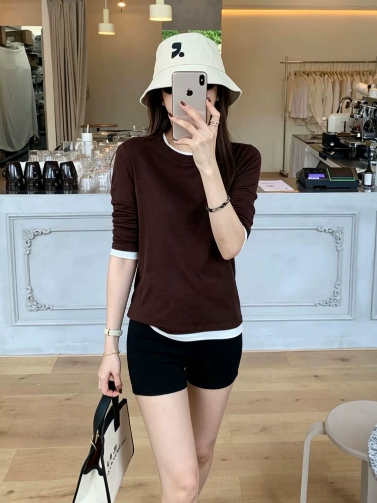 Women's Faux Two-Piece Knit Top Long Sleeve Fall Layering Shirt - Image 3
