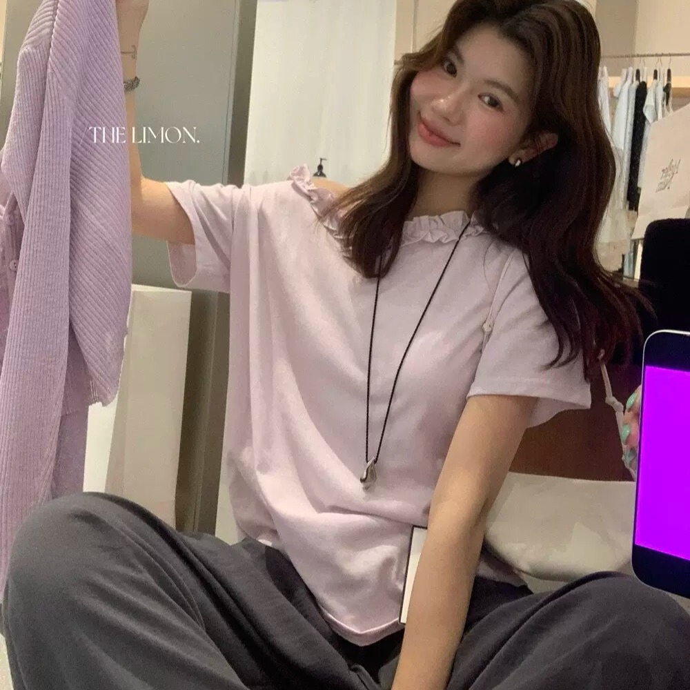 Women's Off-Shoulder One-Shoulder Ruffle Loose Short-Sleeve T-Shirt 2026 Summer Design Niche Tee Top - Image 5