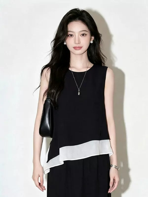French Black Sleeveless Irregular Chiffon Shirt for Women Summer 2026 New Unique Design Top